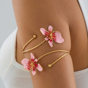 Pink Floral Enamel Bracelet Bangle, Elegant Open Cuff Double Sided for Women, Mother's Day Gift