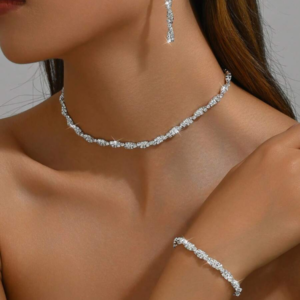 1set Women's Luxury Diamond Studded Twisted Design Necklace, Bracelet And Earring Set
