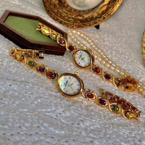 Luxury Beryl Gemstone Watch for Women, Vintage Oval Pearl Dial with Crystal Embellishments