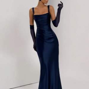 Navy Blue Satin Slip Gown with Ruched Bust | Size EU Size 36 (S)